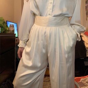 1980s vintage wide waistband pleated white cream flowy silky wide leg pants